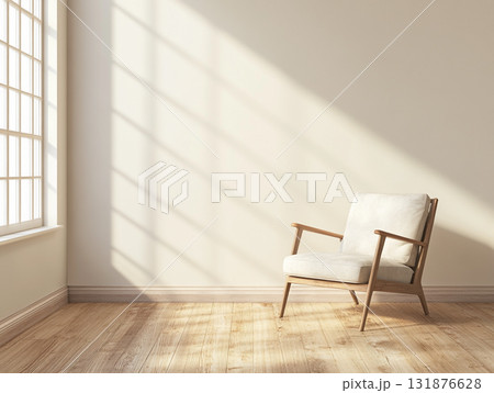 An empty, sunlit room with a modern wooden armchair, featuring strong geometric shadows. 131876628
