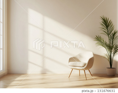 An empty, sunlit room with a modern wooden armchair, featuring strong geometric shadows. 131876631