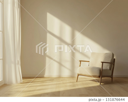 An empty, sunlit room with a modern wooden armchair, featuring strong geometric shadows. An empty, sunlit room with a modern wooden armchair, featuring strong geometric shadows. 131876644