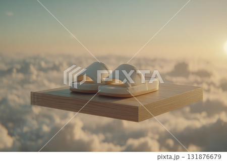 Minimal studio shot white slippers placed on wooden platform floating above clouds, soft sunlight, serene atmosphere, comfortable footwear, dreamy, peaceful, relaxation 131876679
