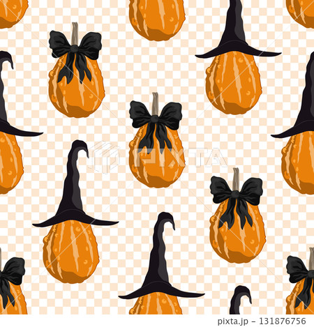 Charming autumn pumpkins with a tied black bows and witch hats on checkered background. Halloween seamless pattern. Vector illustration Charming autumn pumpkins with a tied black bows and witch hats on checkered background. Halloween seamless pattern. Vector illustration 131876756