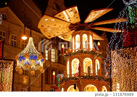 Festive Christmas market with lights and traditional decorations 131876989