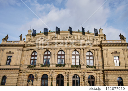 Black flags on historic government building as symbol of mourning 131877030