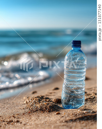 Clear plastic water bottle blue cap sea beach sand ocean pollution single use plastic litter environmental concern sunny day reflection 131877140