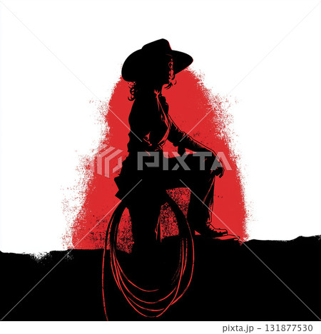 Cowgirl silhouette silhouette western cowboy hat lasso rope ranch horseback riding rural rustic female portrait side profile kneeling red background grunge textured black and white contrast Cowgirl silhouette silhouette western cowboy hat lasso rope ranch horseback riding rural rustic female portrait side profile kneeling red background grunge textured black and white contrast 131877530