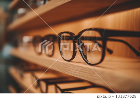 Eyeglasses showcase. Trendy glasses of different design. Minimalism. Eyewear and spectacles sale. Optic shop. Fashion Accessories. Copy space for text. Optical store discount poster. Rims, Frames 131877629