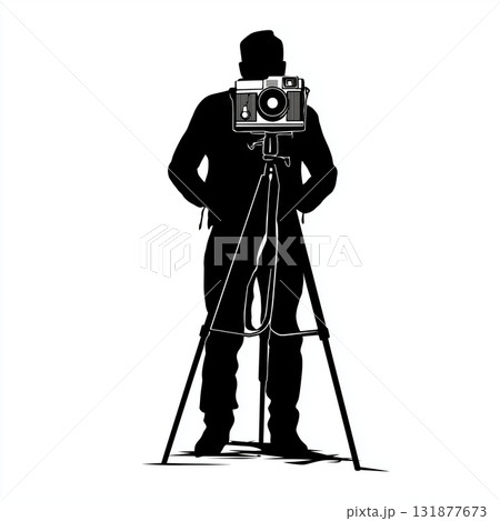 Silhouette photographer camera tripod photographer portrait vintage camera studio lighting black and white lone photographer equipment 131877673