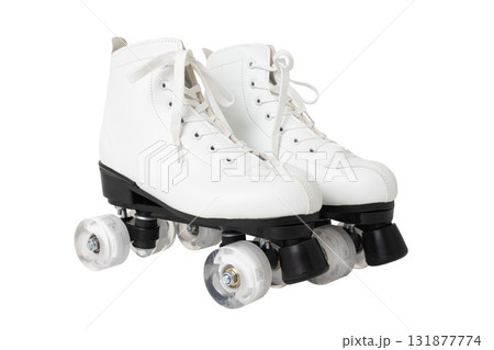 White quad roller skates with black wheels on white background 131877774