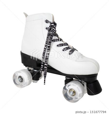 White roller skate with zebra print laces on white background White roller skate with zebra print laces on white background 131877794
