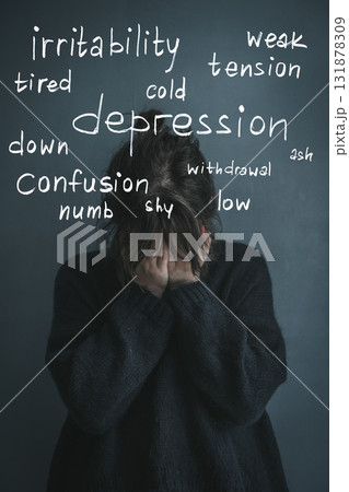 Woman in Depression with Burnout Words. Emotional Fatigue Concept Woman in Depression with Burnout Words. Emotional Fatigue Concept 131878309