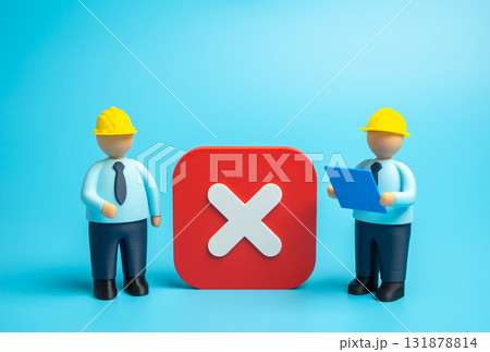 Builders are denied permission to build. The project is frozen. Symbol of bureaucracy, legal barriers, and economic delay. Real estate regulation, business challenges, and government restrictions. 131878814