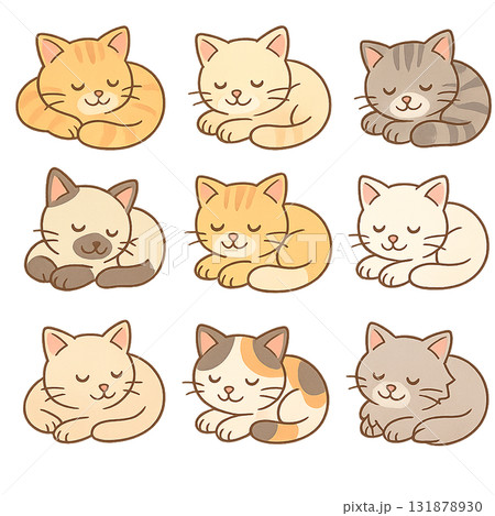 眠っている様々な猫種の全身セット 131878930