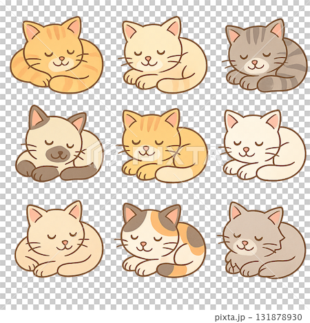 眠っている様々な猫種の全身セット 131878930