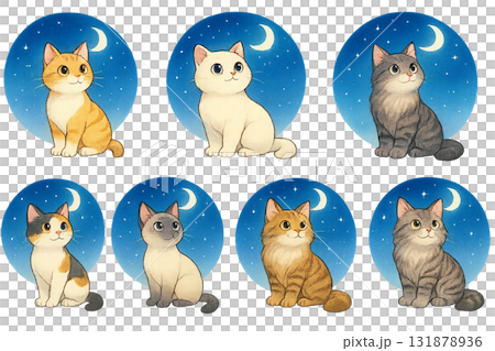一隻貓坐著看夜空的插畫集 131878936