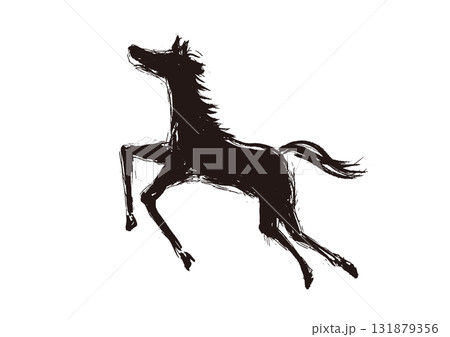 年賀状 デザイン用 走る馬の手書き和風筆イラスト シルエットの