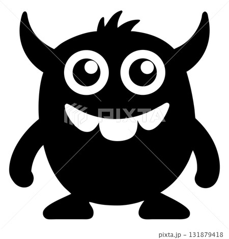 Cute cartoon monster with horns stands smiling showing its teeth happily 131879418