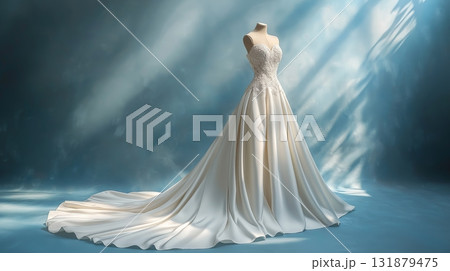 Elegant bridal gown displayed in soft lighting for wedding preparations Elegant bridal gown displayed in soft lighting for wedding preparations 131879475