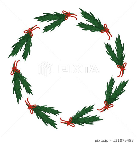Circular Christmas wreath with green pine branch tied with red bow in flat style. Empty center space for text or design. 131879485