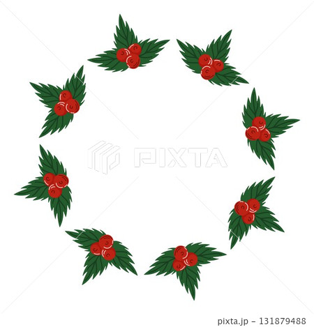 Circular wreath frame with green holly leaf and red berry arranged in circle on white background in flat style. Empty center space for text or design. 131879488