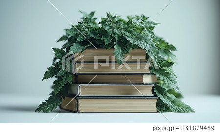 Books covered with green leaves arranged on a light surface in a minimal setting 131879489