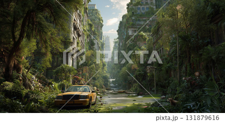 Post-apocalyptic new york city overgrown with lush vegetation 131879616