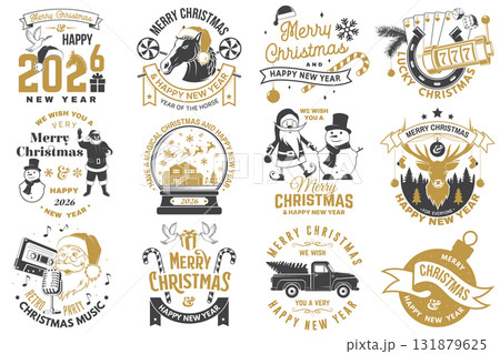 Merry Christmas and Happy New Year stamp, sticker, patch. Vintage print, logo, badge design with Santa Claus, Elf, casino dice, snowman, poker playing card, slot machines and sweet candy cane. Vector 131879625