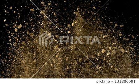 Freeze Motion Shot of Flying Soil , Isolated on Black Background Freeze Motion Shot of Flying Soil , Isolated on Black Background 131880091
