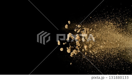 Freeze Motion Shot of Flying Soil , Isolated on Black Background 131880133