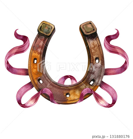 Watercolor rusty horseshoe with ribbon vintage style. Hand painted illustration, 131880176