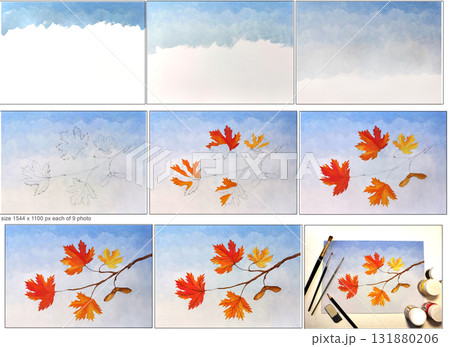 Step by step maple leaves painting fall tutorial. Acrylic drawing lesson school kids artistic process. Education hobby autumn art therapy creativity. Blue watercolor hand drawn illustration. 131880206