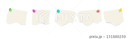 Paper notes with push pins. Vector template with blank sheets, sticky notes, and ripped paper pieces for stationery, reminders, or collage design. 131880250