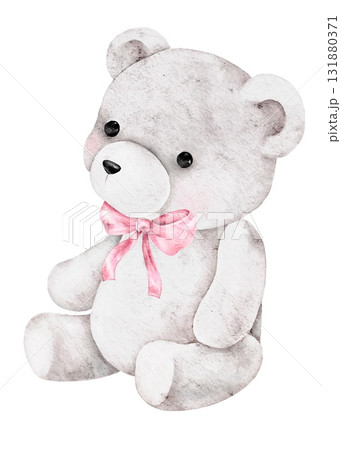 Soft grey teddy bear with pink ribbon painted in watercolor. Cute toy illustration ideal for Saint Valentines Day cards, baby shower invitations, nursery prints, or romantic gift design projects. Soft grey teddy bear with pink ribbon painted in watercolor. Cute toy illustration ideal for Saint Valentines Day cards, baby shower invitations, nursery prints, or romantic gift design projects. 131880371
