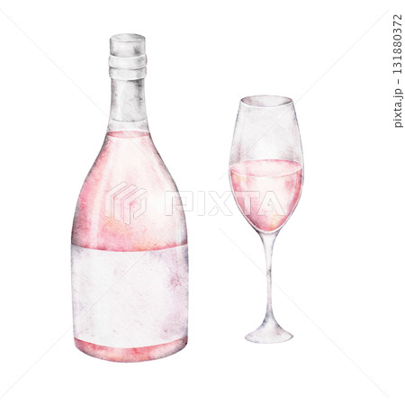 Watercolor bottle and glass of pink sparkling wine. Elegant illustration for Saint Valentines Day cards, wedding invitations, restaurant menus, event posters, packaging, romantic celebration designs. Watercolor bottle and glass of pink sparkling wine. Elegant illustration for Saint Valentines Day cards, wedding invitations, restaurant menus, event posters, packaging, romantic celebration designs. 131880372