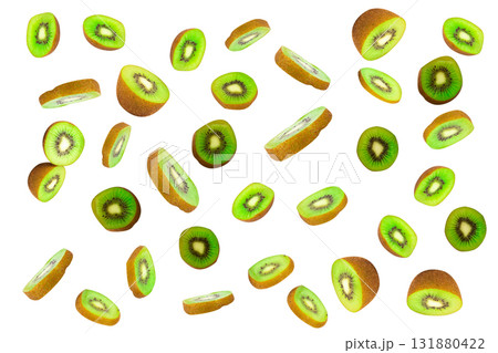 Orange half cut slices scattered and fallen on white background 131880422