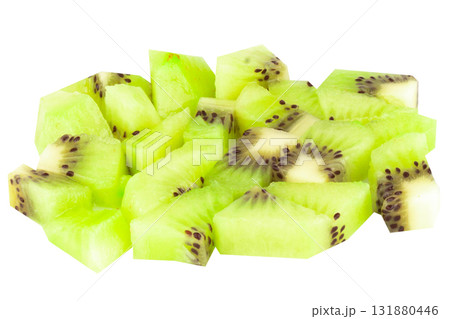 Diced kiwi fruit cubes isolated on white background 131880446