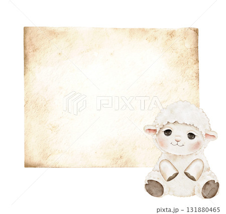 Watercolor lamb with neutral aged paper frame. Cute sheep character for baby shower invitations, nursery design, kids wall art, scrapbooking, or greeting cards. Central space for text. 131880465