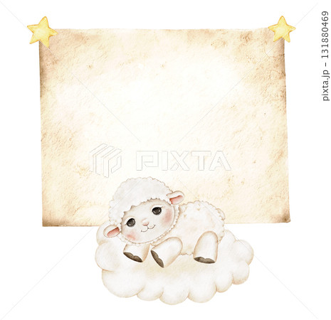 Watercolor lamb sleeping on fluffy cloud with vintage textured paper and golden stars. Perfect for nursery design, baby shower invitations, kids birthday cards. Central space for text. Watercolor lamb sleeping on fluffy cloud with vintage textured paper and golden stars. Perfect for nursery design, baby shower invitations, kids birthday cards. Central space for text. 131880469