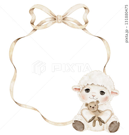 Watercolor lamb with neutral aged paper frame. Cute sheep character for baby shower invitations, nursery design, kids wall art, scrapbooking, or greeting cards. Central space for text. 131880475