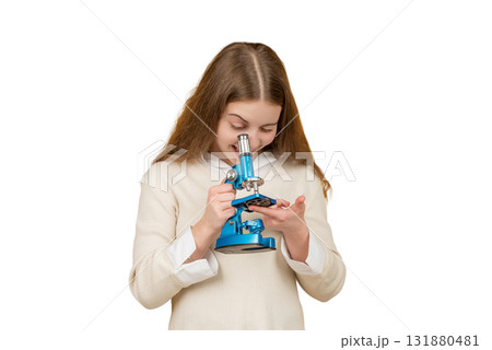 Microscope research. Research education. School biology girl hold microscope. Student of biology. Back to school. Teen girl with microscope isolated on white. Biology science for schoolgirl Microscope research. Research education. School biology girl hold microscope. Student of biology. Back to school. Teen girl with microscope isolated on white. Biology science for schoolgirl 131880481