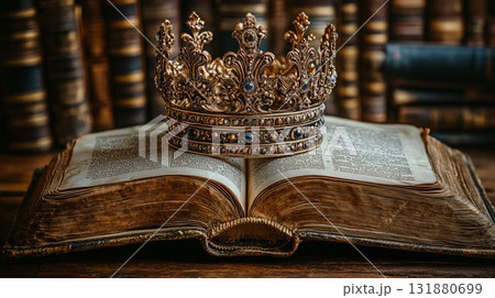 Royal crown resting on ancient book pages, symbolizing wisdom and power Royal crown resting on ancient book pages, symbolizing wisdom and power 131880699