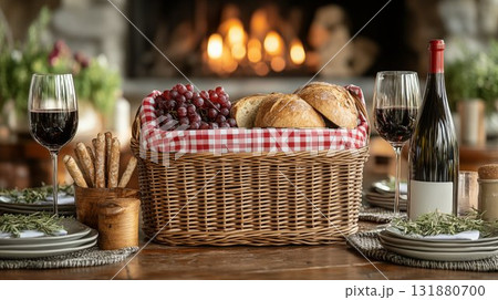Rustic bread basket with fresh grapes and wine setting, gourmet dining experience Rustic bread basket with fresh grapes and wine setting, gourmet dining experience 131880700