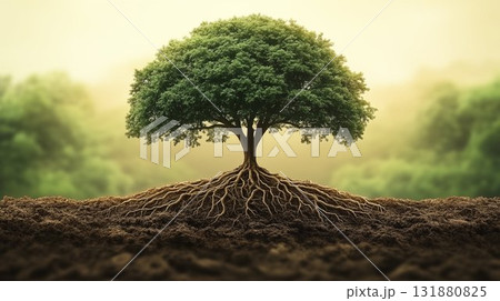 Tree with exposed root system against sunset, growth concept photograph Tree with exposed root system against sunset, growth concept photograph 131880825