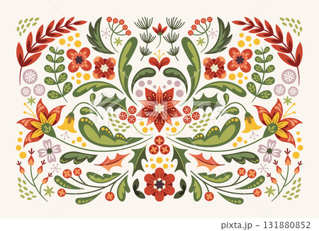 Christmas decorative nature floral composition with flower blooms, leaves and berries folk style 131880852