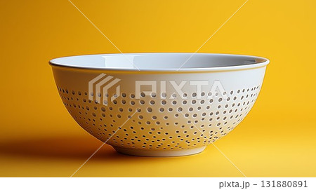 White ceramic colander on yellow background, minimal kitchen design concept White ceramic colander on yellow background, minimal kitchen design concept 131880891