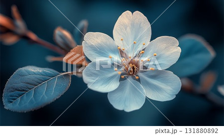 White cherry blossom with delicate petals on blue background, spring nature macro 131880892