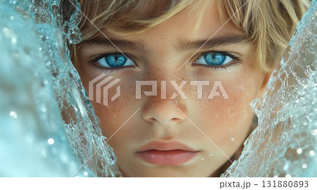 White child with blue eyes and freckles looking through crystalline ice, capturing winter wonder and childhood curiosity in close up portrait 131880893