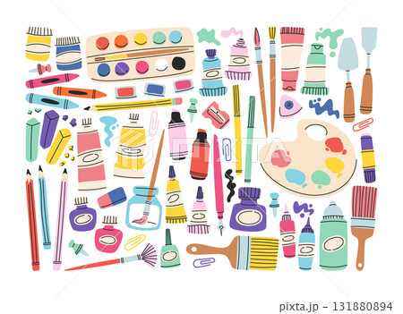 Colorful drawing and painting tools hand drawn collection with brushes, paints, crayons, pencils 131880894