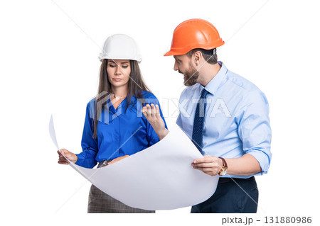 Architect planning work. Chief engineer and architect in hardhat isolated on white. Safety business. Data protection. Supervisor engineer with blueprint. Plan construction project. Corporate concept Architect planning work. Chief engineer and architect in hardhat isolated on white. Safety business. Data protection. Supervisor engineer with blueprint. Plan construction project. Corporate concept 131880986