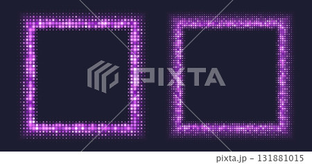 Purple halftone frames, glowing square borders, pattern with dots, radial disco luxury design element. Purple halftone frames, glowing square borders, pattern with dots, radial disco luxury design element. 131881015