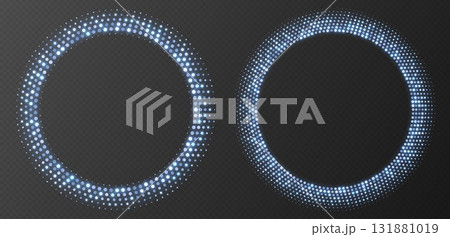 Blue halftone frames, glowing circle borders, round pattern with dots, radial disco luxury design element. 131881019